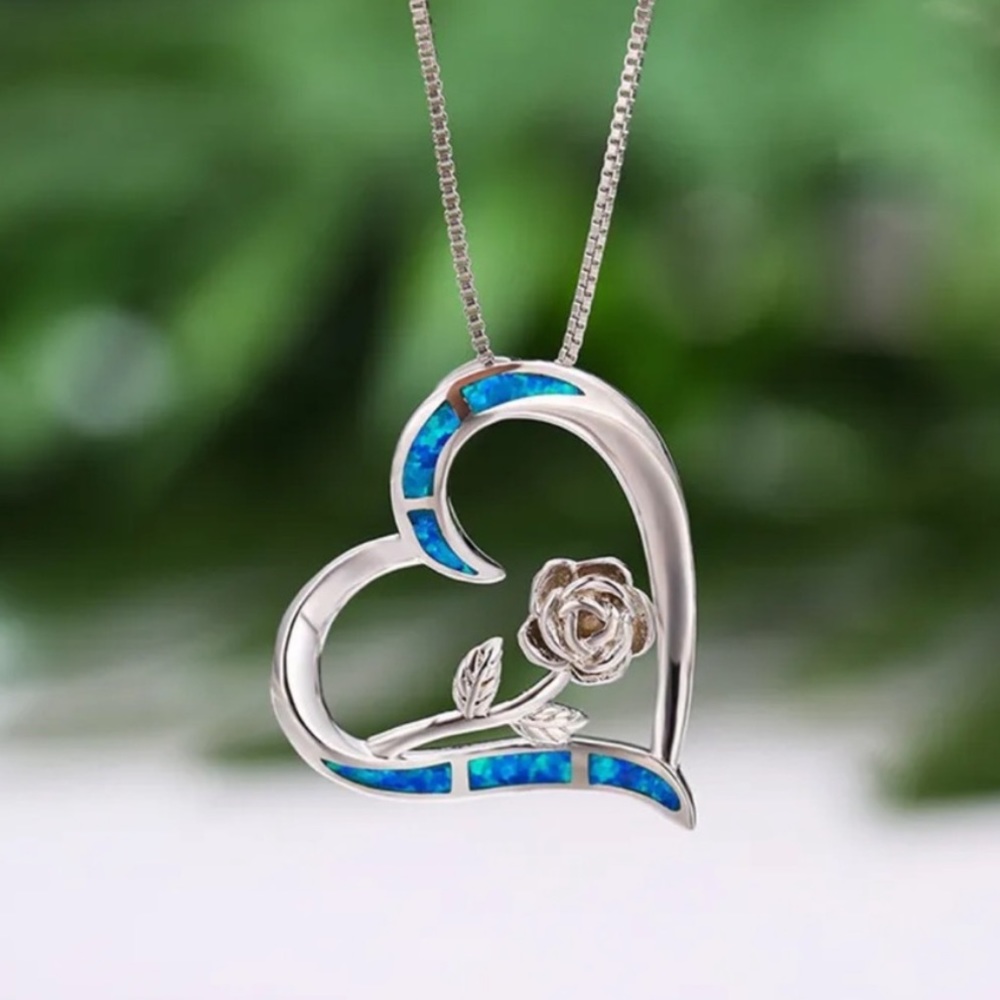 🆕 | Blue Simulated Opal | Rose Flower | 14K White Gold Plated Women’s Necklace